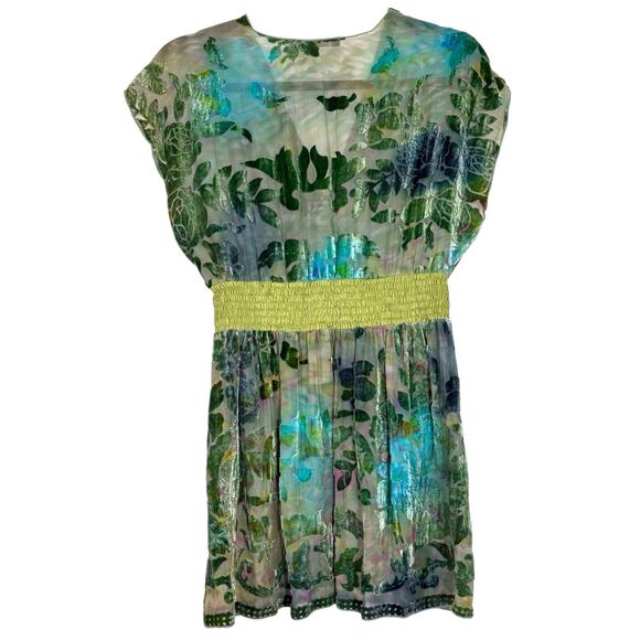 Hale Bob Babydoll Velvet Burnout Top Womens Small Green Blue Floral Boho Fairy - Picture 10 of 12